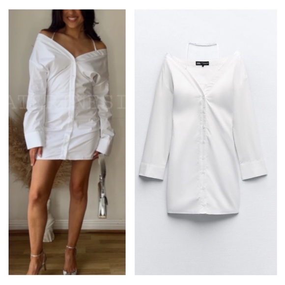 Zara Dresses & Skirts - Zara NWT gabardine white off the shoulder button front trench coat shirt dress